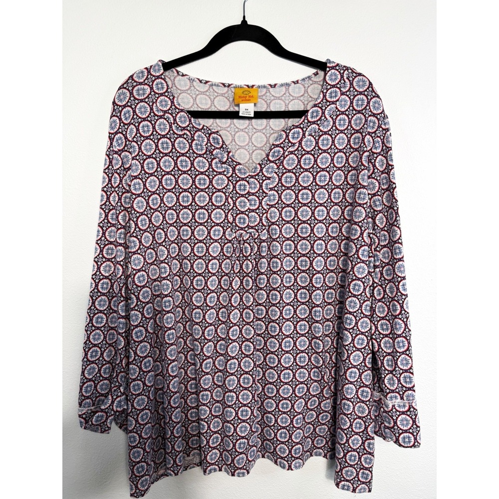 Ruby Rd. Women's XL Blue/Red/White Geometric V-Neck 3/4 Sleeve Blouse